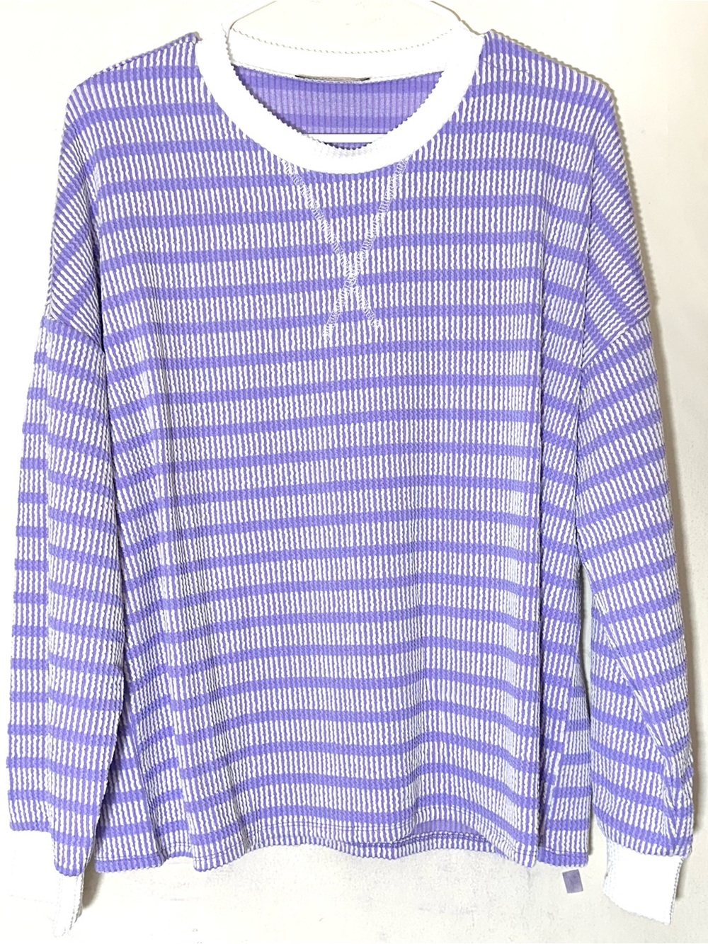 Zenana Raised Rib Striped Pullover & Wide Leg Pants Set Women’s Lavender - Picture 3 of 11